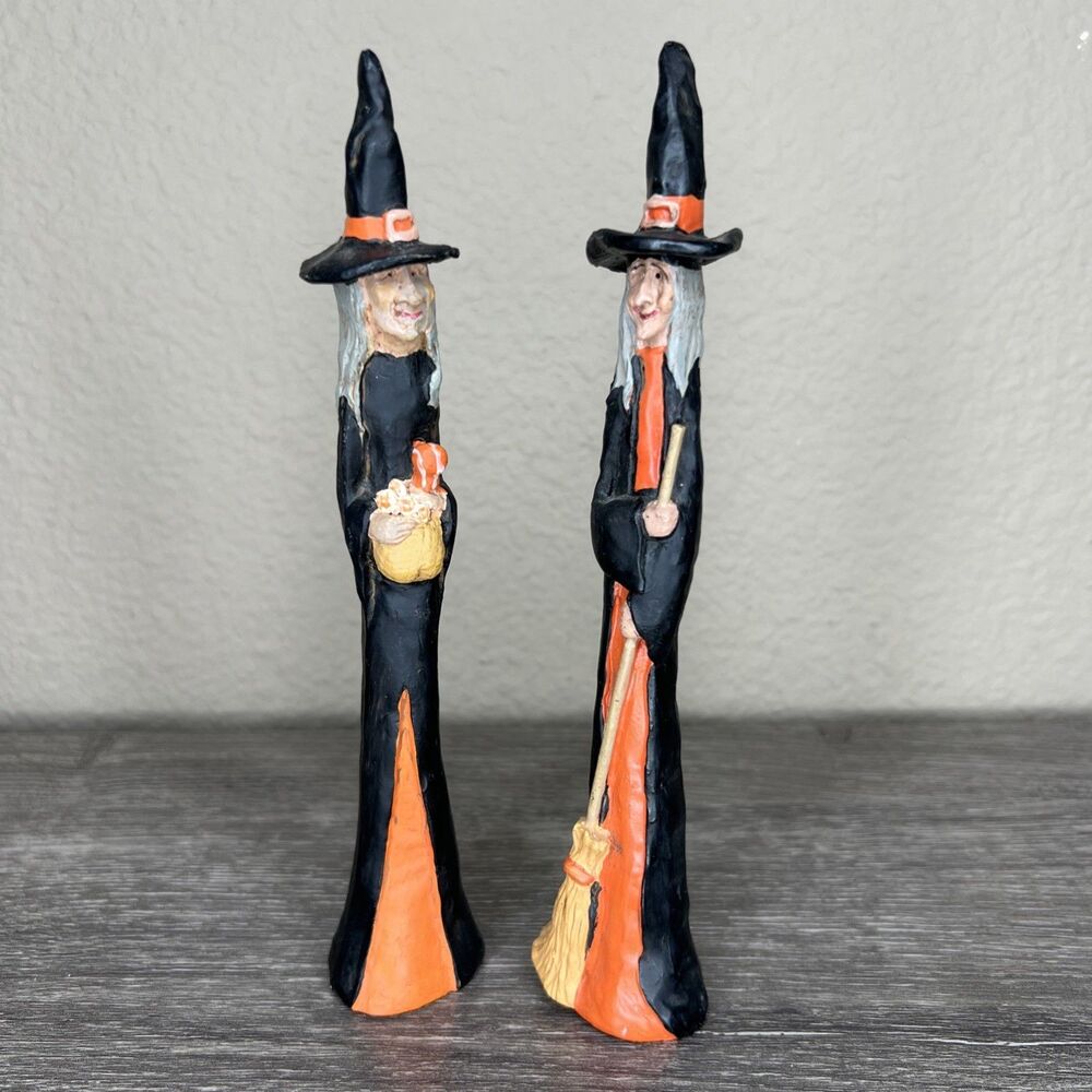 Kurt Adler PAIR  Pencil-Thin Witches Halloween Decor Resin Figure 7 1/2 Inch
